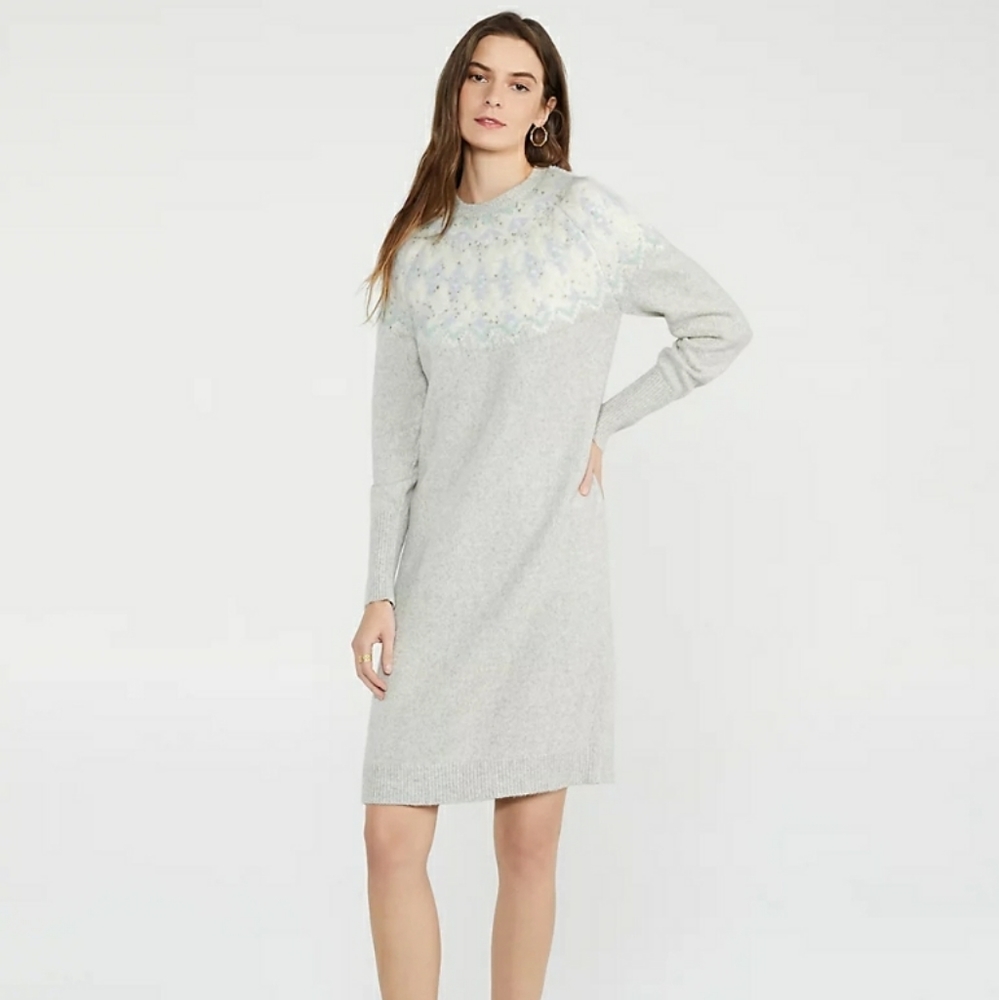 Ann Taylor Fair Isle Grey Sweater Dress Medium